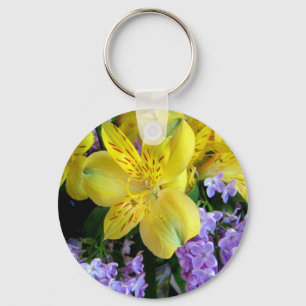 Yellow Daylilies & Purple Lilac Flowers Keychain