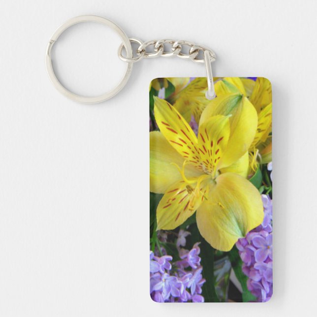 Yellow Daylilies & Purple Lilac Flowers Keychain (Front)