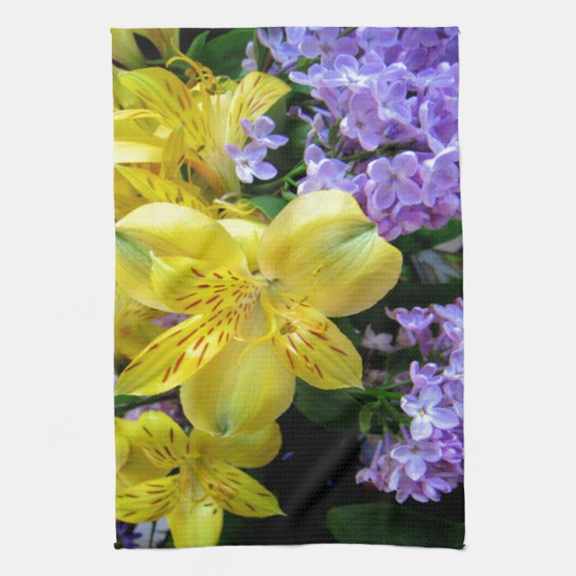 Yellow Daylilies & Purple Lilac Flowers Kitchen Towel (Vertical)