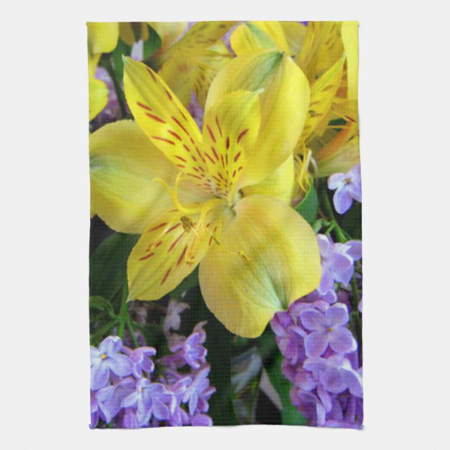 Yellow Daylilies & Purple Lilac Flowers Kitchen Towel (Vertical)