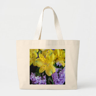 Yellow Daylilies & Purple Lilac Flowers Large Tote Bag