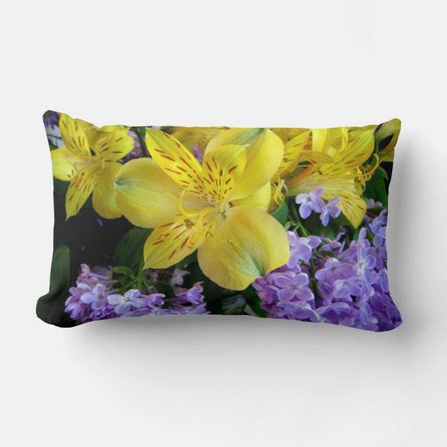 Yellow Daylilies & Purple Lilac Flowers Lumbar Pillow (Front)