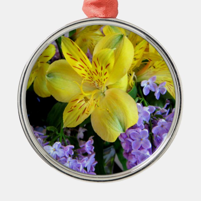 Yellow Daylilies & Purple Lilac Flowers Metal Ornament (Front)