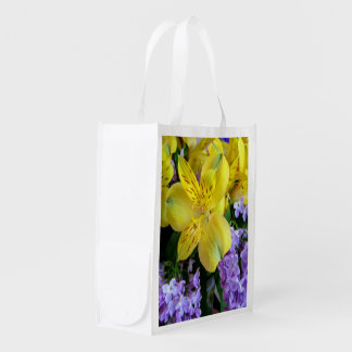 Yellow Daylilies & Purple Lilac Flowers Reusable Grocery Bag