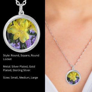 Yellow Daylilies & Purple Lilac Flowers Round Silver Plated Necklace