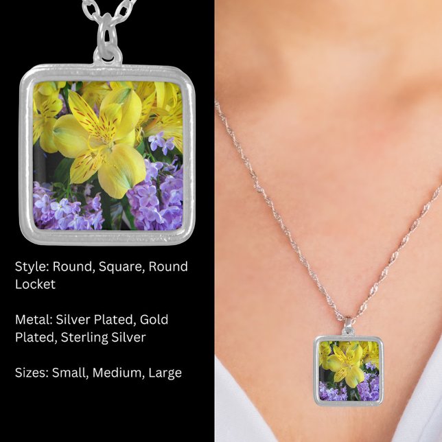 Yellow Daylilies & Purple Lilac Flowers Silver Plated Necklace (Yellow Daylilies & Purple Lilac Flowers Silver Plated Necklace)