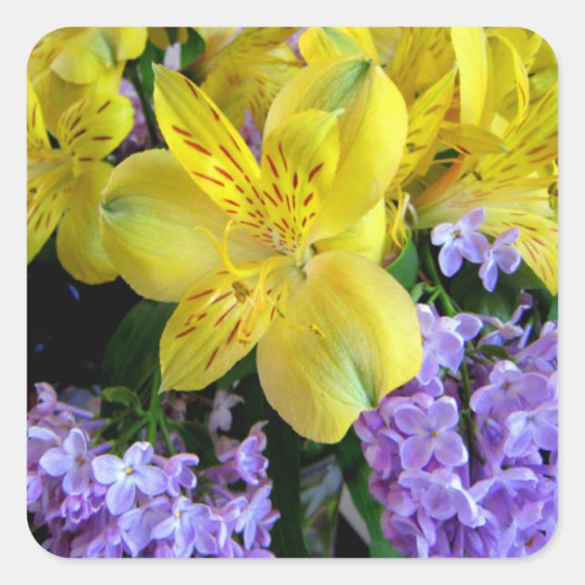 Yellow Daylilies & Purple Lilac Flowers Square Sticker (Front)