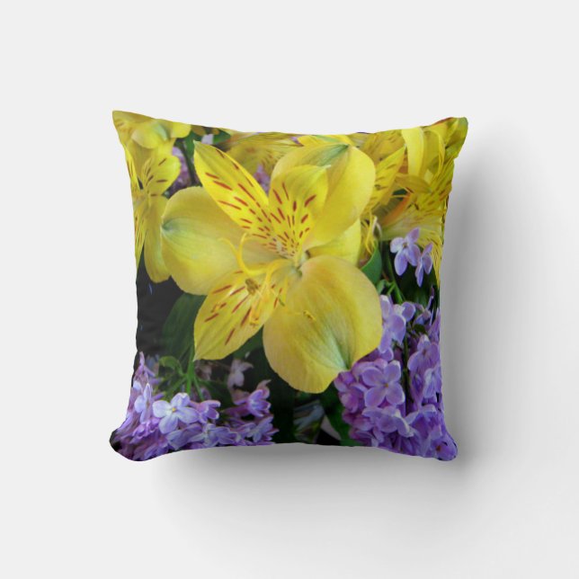 Yellow Daylilies & Purple Lilac Flowers Throw Pillow (Front)