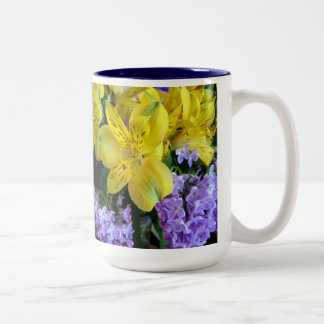 Yellow Daylilies & Purple Lilac Flowers Two-Tone Coffee Mug