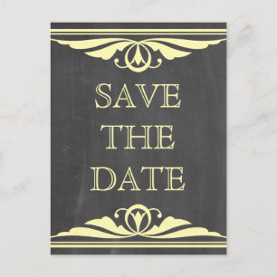 Yellow Deco Chalkboard Save the Date Postcard