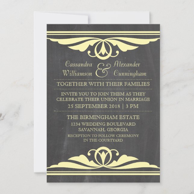 Yellow Deco Chalkboard Wedding Invite (Front)