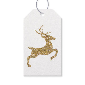 Yellow Deer Shape In Faux Glitter Look With Text Gift Tags