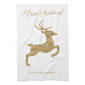 Yellow Deer Shape In Faux Glitter Look With Text Kitchen Towel