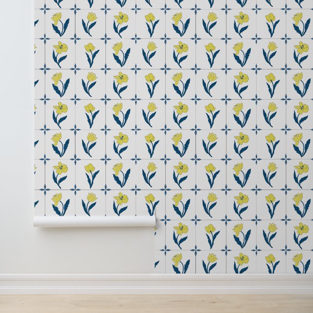 Yellow Delft Floral Tile Pattern Wallpaper (Application)