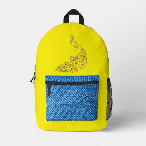 Yellow denim peacock printed backpack