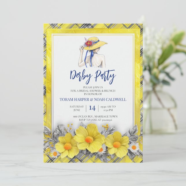 Yellow Derby Party Invitation Bridal Shower Plaid  (Standing Front)
