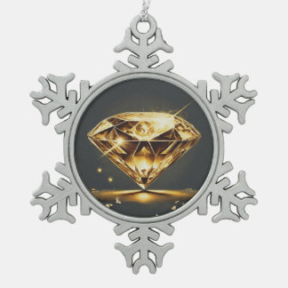 Yellow Diamond and Black Background Snowflake Pewter Christmas Ornament