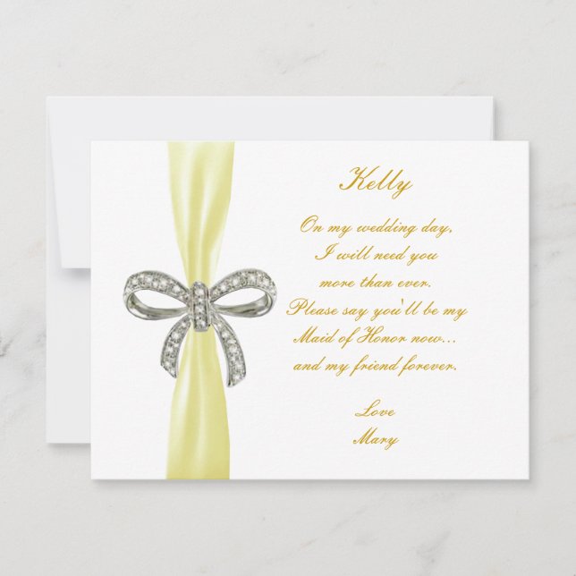 Yellow Diamond Bow Wedding Maid Of Honor Card (Front)