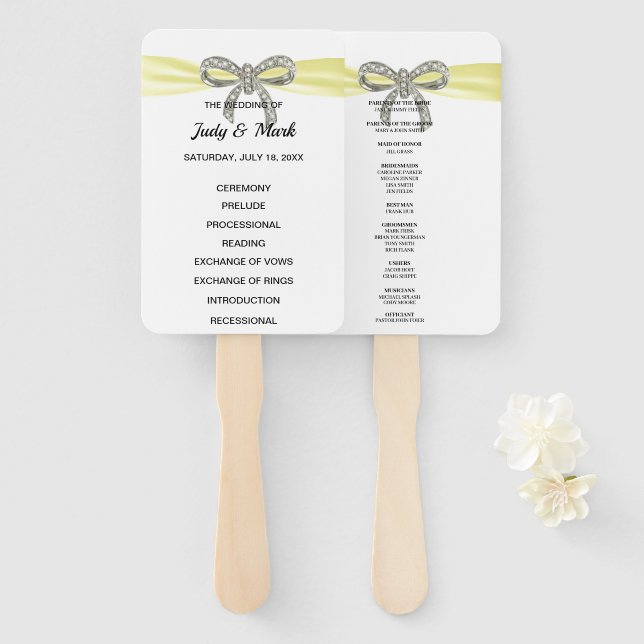 Yellow Diamond Bow Wedding Program Hand Fan (Front and Back)