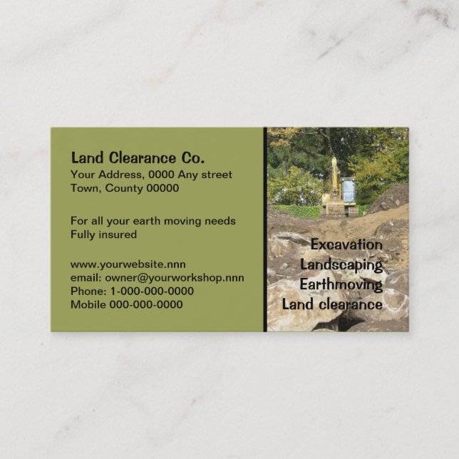 Yellow digger behind rocks business card (Front)