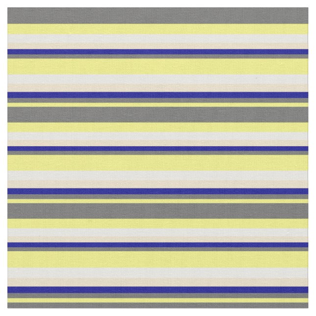 Yellow, Dim Grey, Dark Blue, Tan & White Stripes Fabric (Close Up)