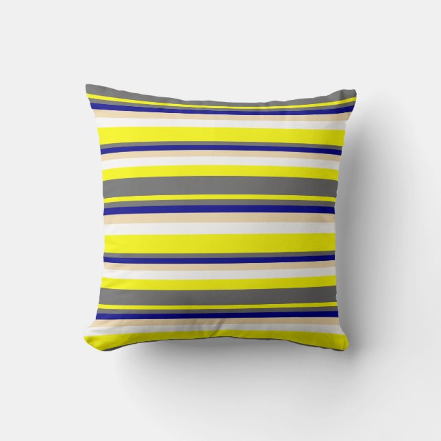 Yellow, Dim Grey, Dark Blue, Tan & White Stripes Throw Pillow (Front)