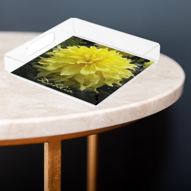 Yellow Dinner Plate Dahlia Floral Acrylic Tray (In Situ Angled)