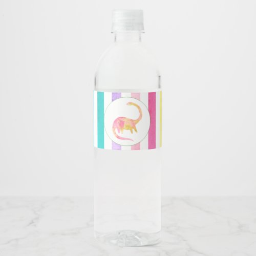 Yellow Dinosaur and pastel stripes Water Bottle Label