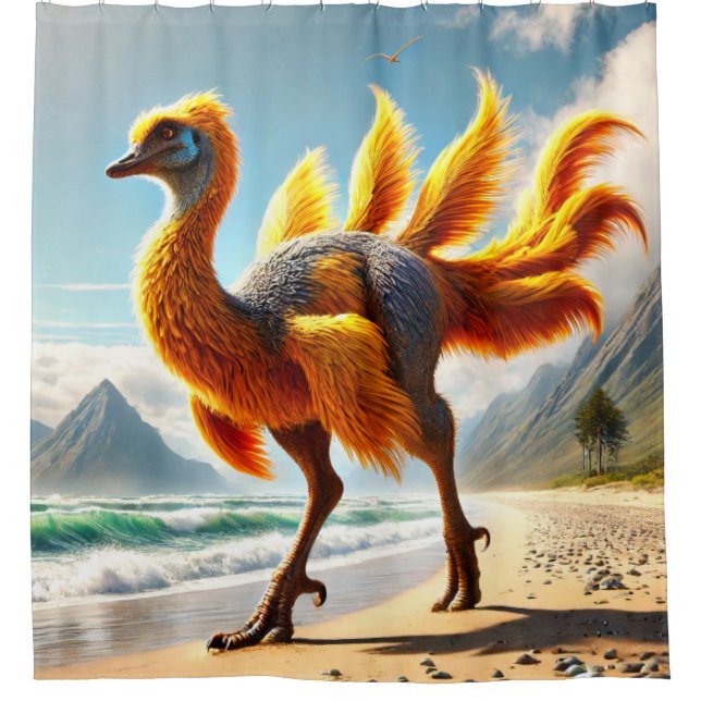 Yellow Dinosaur Bird Shower Curtain (Front)