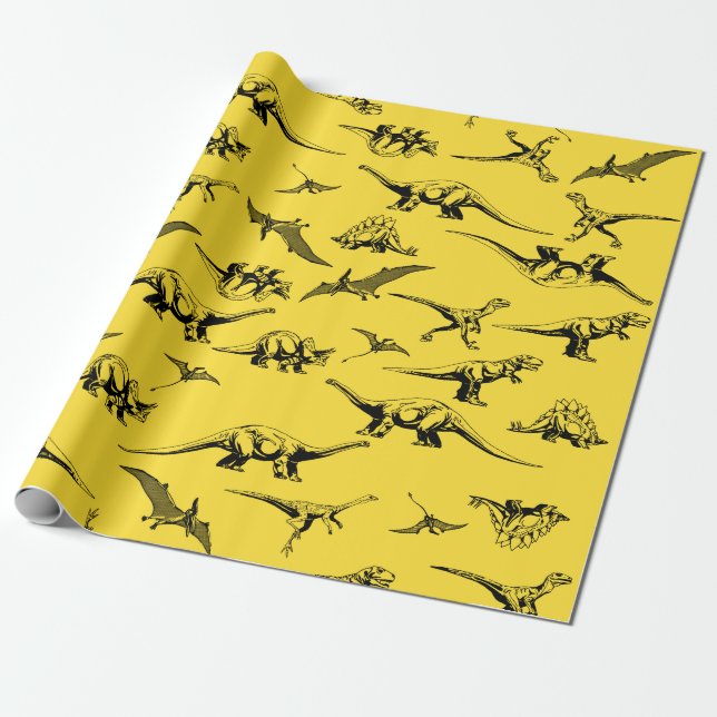 Yellow Dinosaurs Wrapping Paper (Unrolled)