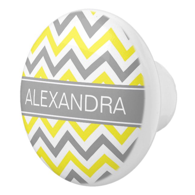 Yellow Dk Gray White LG Chevron Gray Name Monogram Ceramic Knob (Right)