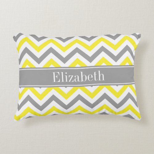 Yellow Dk Gray White LG Chevron Gray Name Monogram Decorative Pillow