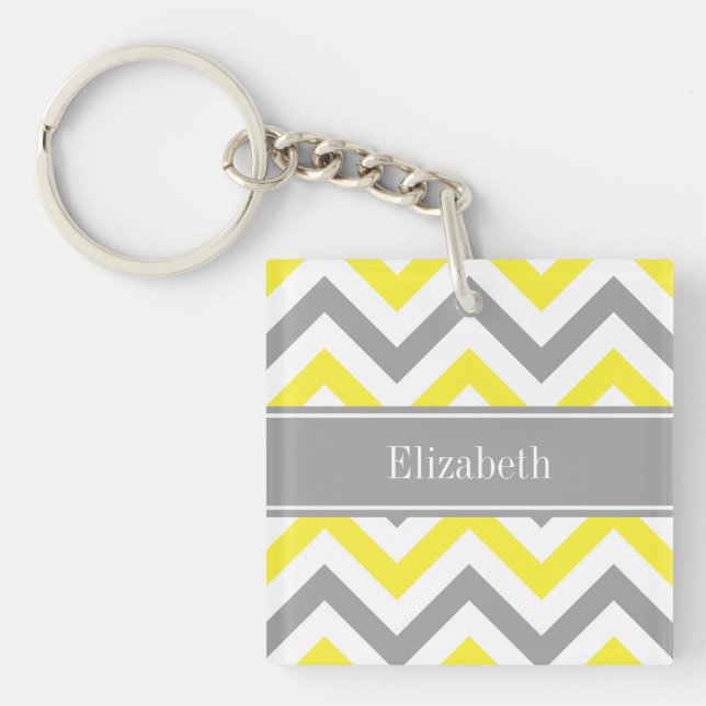 Yellow Dk Gray White LG Chevron Gray Name Monogram Keychain (Front)