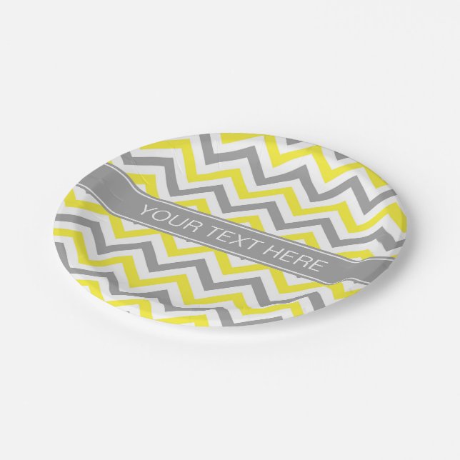 Yellow Dk Gray White LG Chevron Gray Name Monogram Paper Plates (Angled)