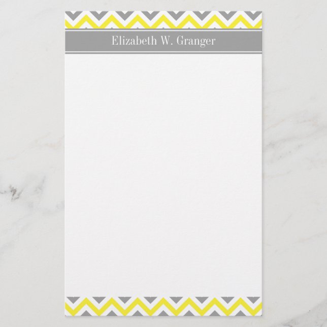 Yellow Dk Gray White LG Chevron Gray Name Monogram Stationery (Front)