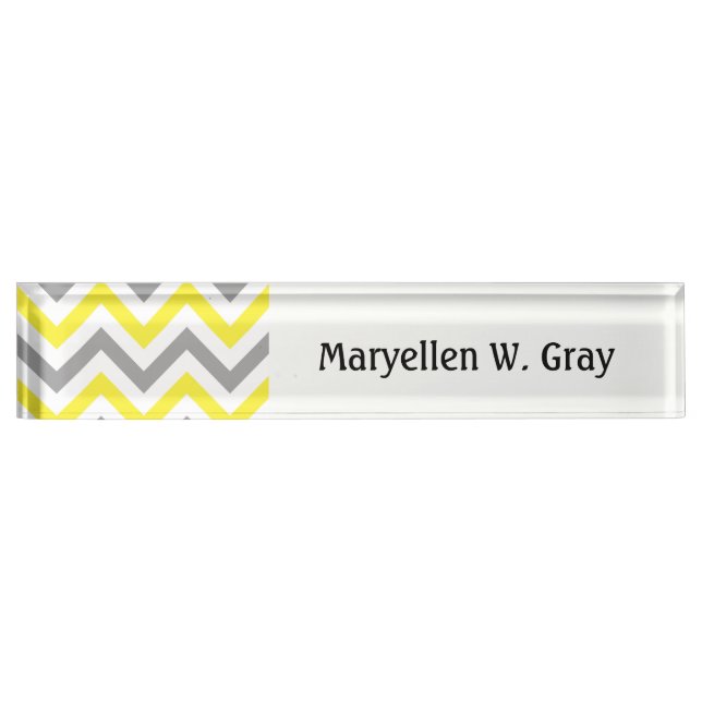 Yellow, Dk Gray Wht Large Chevron ZigZag Pattern Desk Name Plate (Front)
