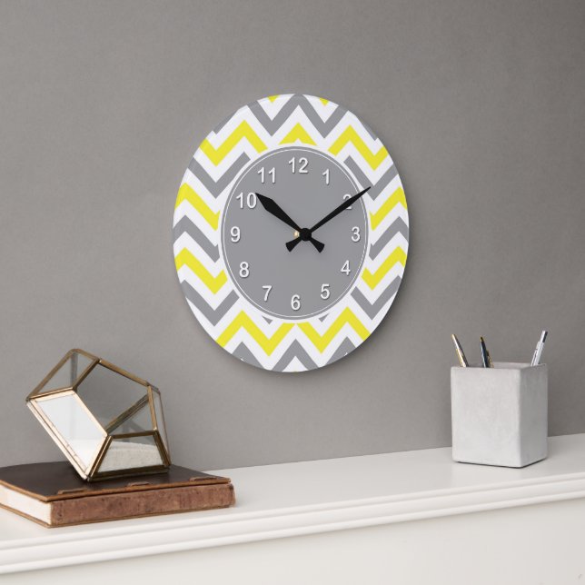 Yellow, Dk Gray Wht Large Chevron ZigZag Pattern Large Clock (Office)
