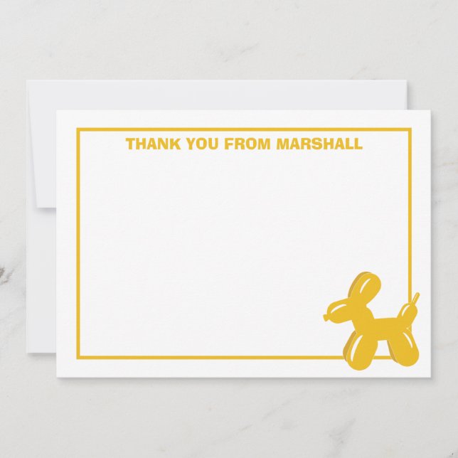 Yellow Dog Balloon Animal Birthday Thank You Card (Front)