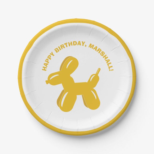 Yellow Dog Balloon Animal Personalized Party Paper Plates (Front)