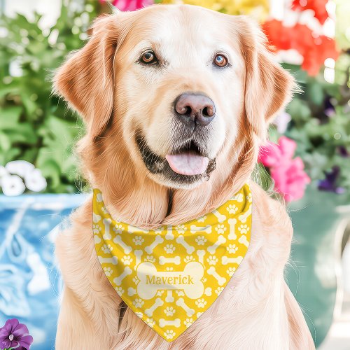 Yellow Dog Bones Paw Print Custom Name Pet Bandana Collar