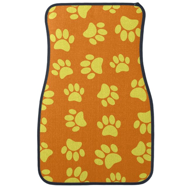Yellow Dog Paw Prints All Over Orange Car Floor Mat (Front)