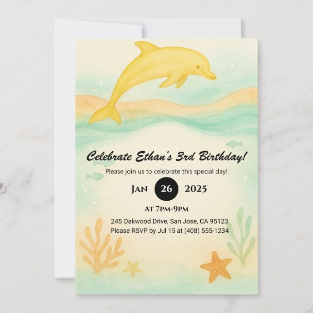 Yellow Dolphin Coral Beach Illustration Birthday  Invitation (Front)