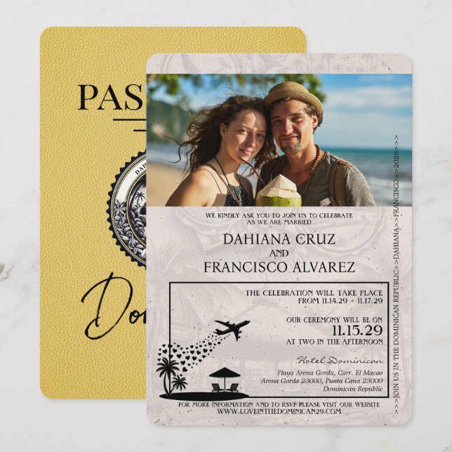 Yellow Dominican Republic Passport Wedding Invitation (Front/Back)