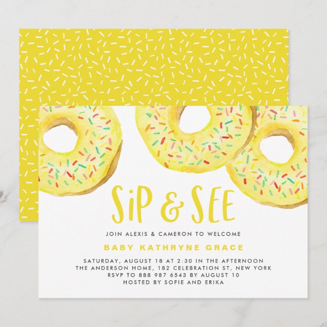 Yellow Donuts Sprinkles Baby Shower Sip and See Invitation (Front/Back)