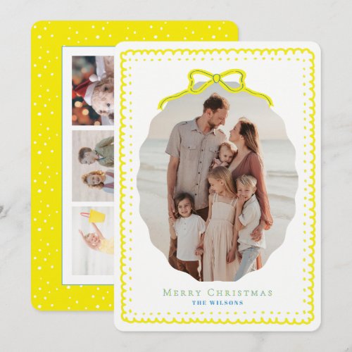 Yellow Doodle Frames & Bow 4 Photo Christmas Holiday Card