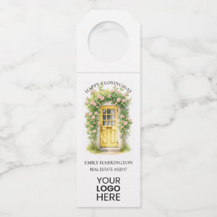 Yellow Door Watercolor Closing Real Estate Agent Bottle Hanger Tag