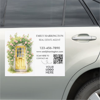 Yellow Door Watercolor QR Code Real Estate Agent Car Magnet