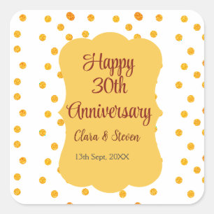 yellow dots glitter happy 30th anniversary wedding square sticker