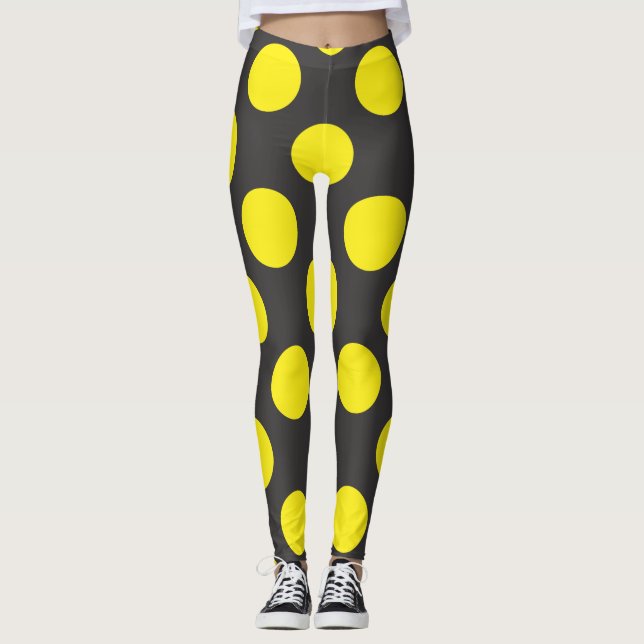 yellow dots on black seamless background leggings (Front)