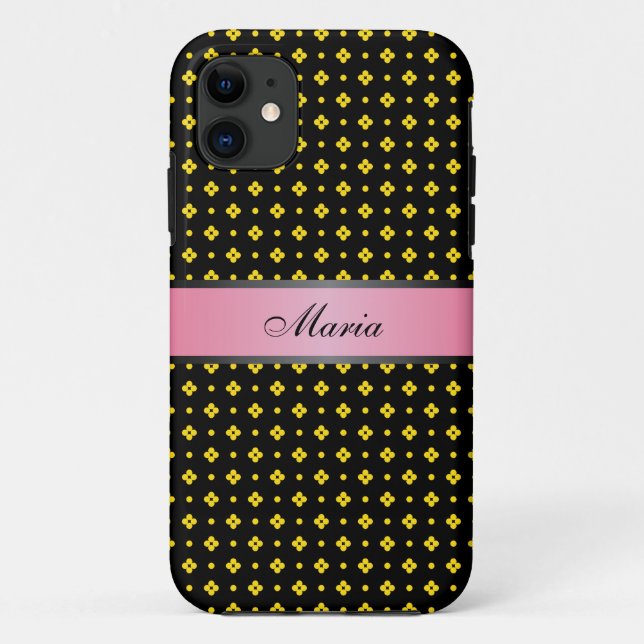 Yellow Dots Pattern Pink 2 Personalized Name Case-Mate iPhone Case (Back)